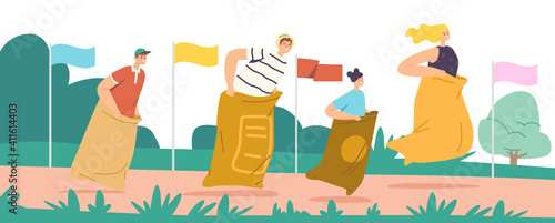 Sack Race Concept with Happy Family Characters Mother, Father and Children Jumping in Bags. Summer Outdoor Competition