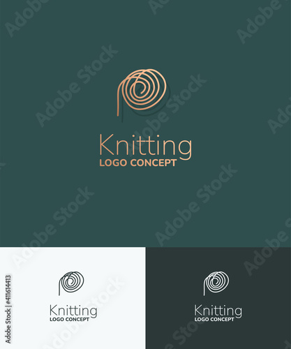 Knitting logo concept. Vector linear iconic sign with of bobbin.