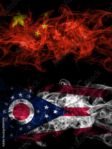 China, Chinese vs United States of America, America, US, USA, American, Ohio smoky mystic flags placed side by side. Thick colored silky abstract smoke flags.