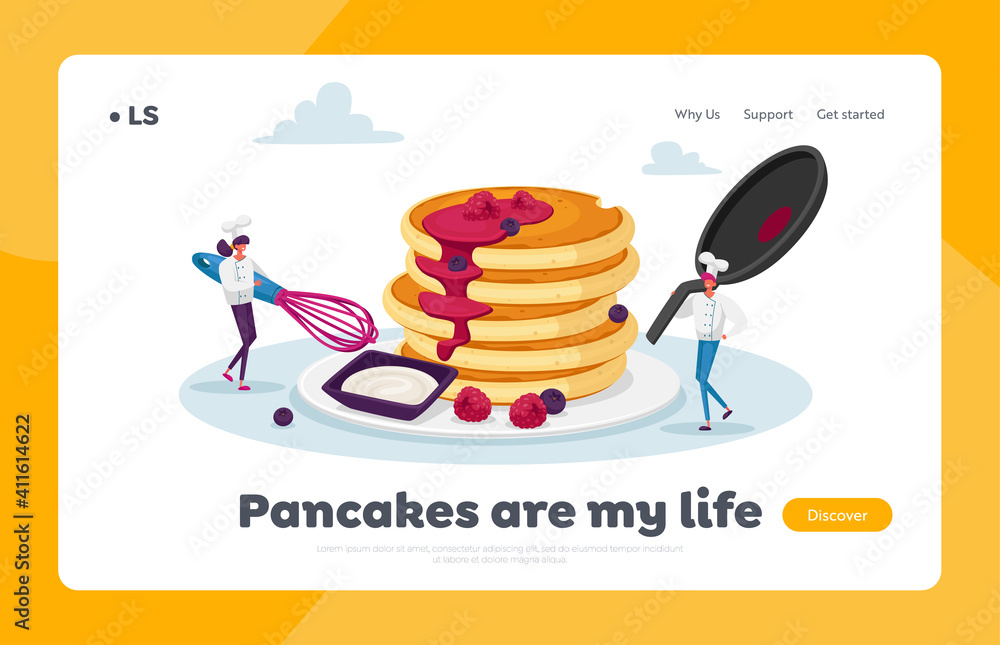 Tiny Characters in Toques with Huge Whisk and Cooking Pan Cook Pancakes