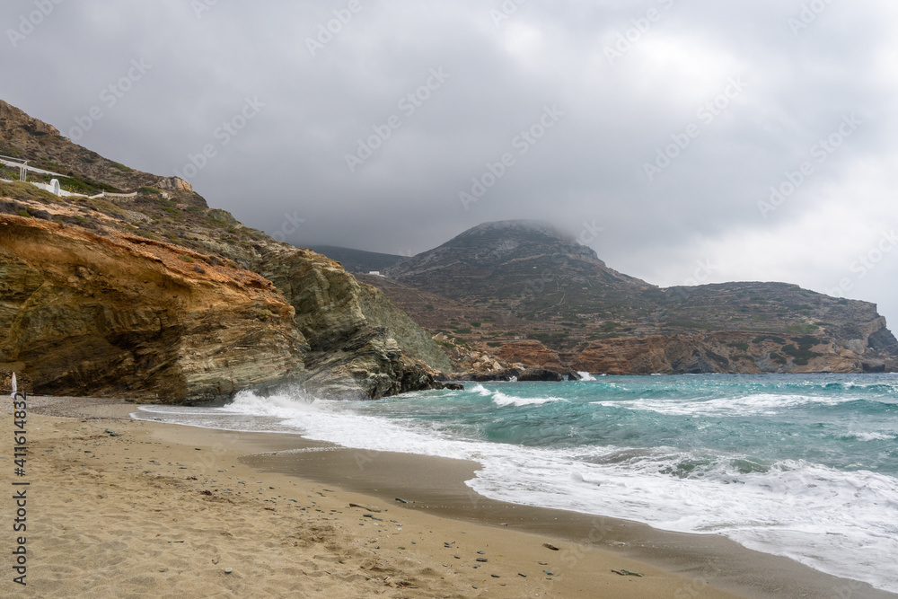Agali Beach on Folegandros island. An ideal family sandy beach at the picturesque bay of Vathy. Cyclades, Greece