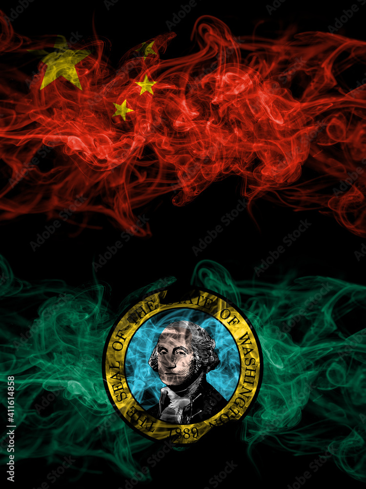 China, Chinese vs United States of America, America, US, USA, American, Washington smoky mystic flags placed side by side. Thick colored silky abstract smoke flags. China, Chinese vs United States of America, America, US, USA, American, Washington smoky mystic flags placed side by side. Thick colored silky abstract smoke flags.