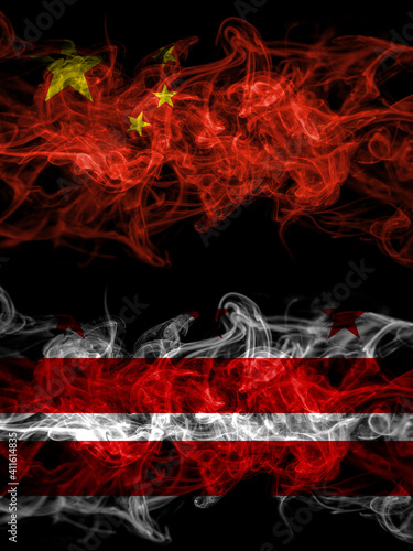 China, Chinese vs United States of America, America, US, USA, American, Washington D.C smoky mystic flags placed side by side. Thick colored silky abstract smoke flags.