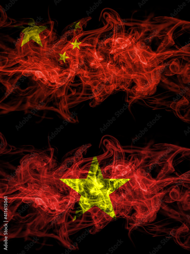 Fototapeta premium China, Chinese vs Vietnam smoky mystic flags placed side by side. Thick colored silky abstract smoke flags.
