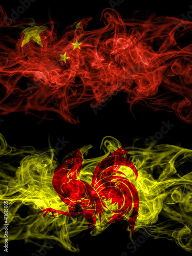 China  Chinese vs Wallonia smoky mystic flags placed side by side. Thick colored silky abstract smoke flags.