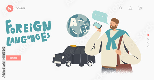Foreign Language Online Translator Service Landing Page Template. Tourist Use Translating Mobile App for Translation