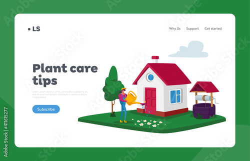Plant Care tips Landing Page Template. Woman Watering Flowers from Can at House Yard. Girl Caring for Plants, Gardening