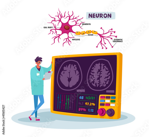 Tiny Scientist Male Character Wearing Medical Robe Look on Human Brain with Neurons Scheme in Laboratory on PC Screen