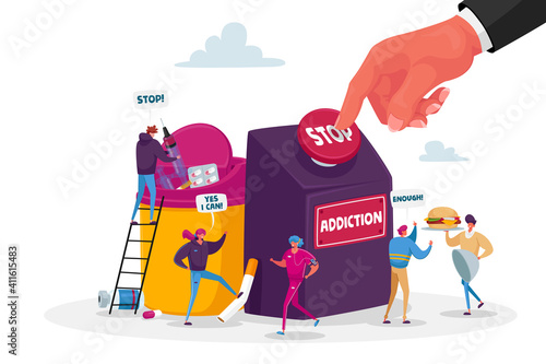 Stop Addiction, Healthy Life Concept. Characters Give Up Smoking, Drugs and Unhealthy Eating. People Fight with Drugs