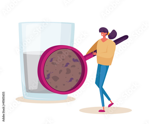 Tiny Female Character Looking on Micro Organisms Living in Dirty Water through Huge Magnifier. Waste, Water Filtering