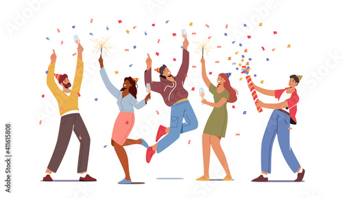 Group of Young People Characters Holding Wine Glasses with Beverages and Sparklers Celebrating Holiday, Drink Alcohol
