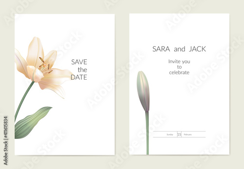 Vintage minimalist lily wedding invitation, save the date, great design for any purposes. Blooming spring floral card. Trendy vector watercolor illustration. White background. Wedding design.