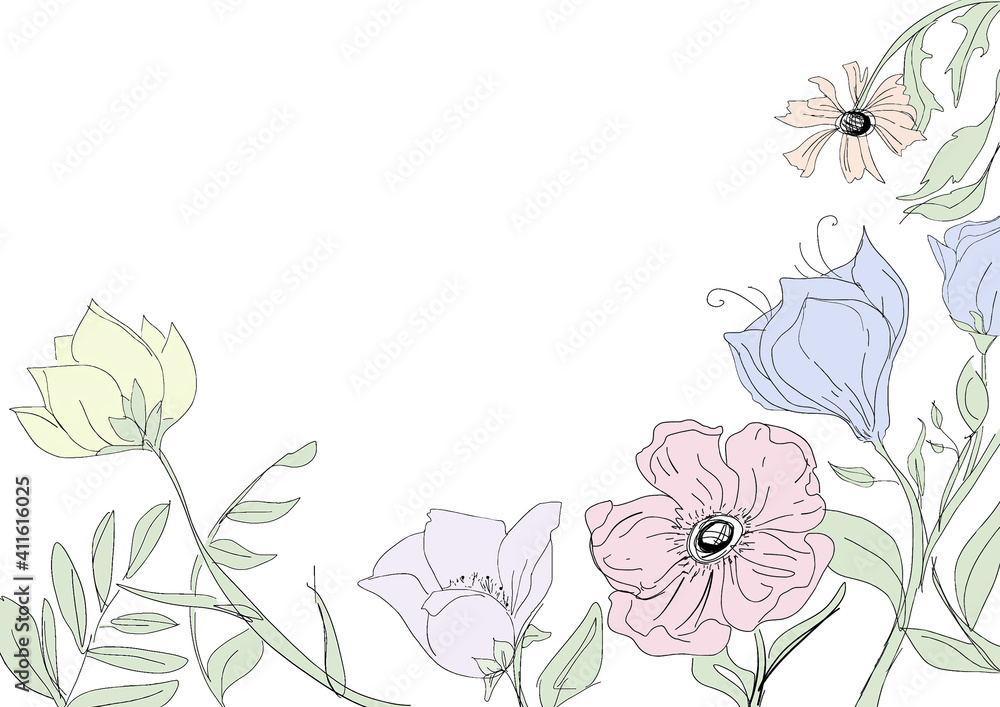 Flowers, floral print. Blue, yellow, pink flowers with leaves. An ornament on a white background, a print on a T-shirt, textiles, an embroidery pattern.