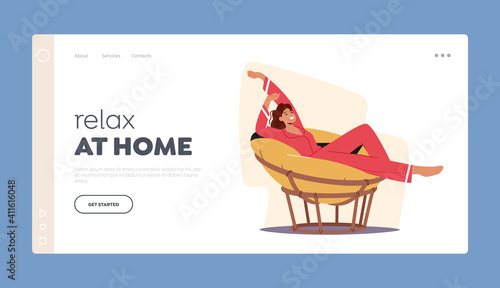 Fashionable Furniture for Home Landing Page Template. Female Character in Pajama Stretching and Relaxing in Soft Chair