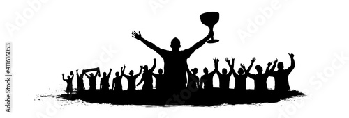 Sport victory cup. Cheering crowd fans silhouette. crowd of people sport fans, vector. Cheers of applause