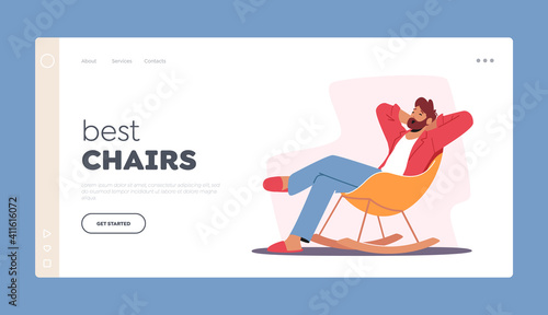 Furniture Design, Relaxing Sparetime Landing Page Template. Relaxed Man in Home Clothes Sitting in Comfortable Chair