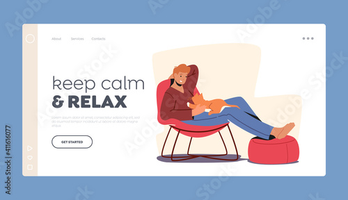 Furniture Design, Relaxing Sparetime Landing Page Template. Relaxed Male Character with Cat on Hands Sitting in Chair