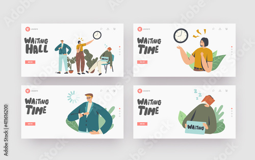 Long Wait Landing Page Template Set. Tired Bored Characters Long Waiting in Office Hall, Airport or Hospital Lobby