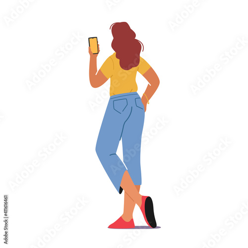 Young Woman Rear View Writing Sms in Mobile Phone, Communicating in Social Media Networks, Watching Video