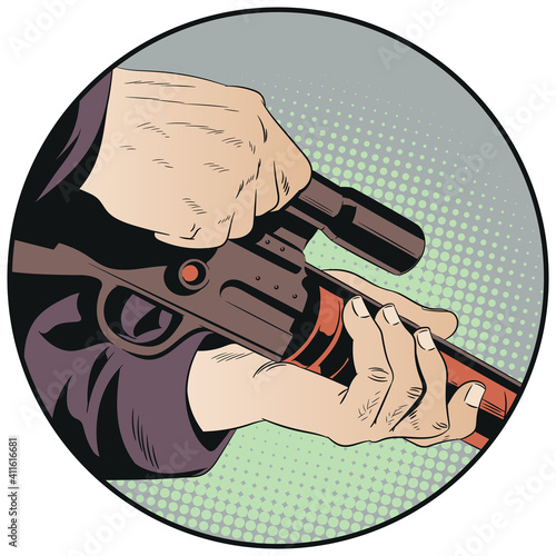 Hands with sniper rifle. Stock illustration.