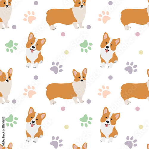 Seamless corgi pattern. Cartoon home pet, set of cute puppies for print, posters and postcard. Vector corgi animal background. Funny little doggy seamless pattern
