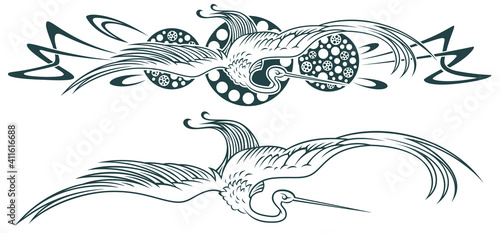 Tribal crane tattoo. Vector vignette for labels, sticker and other design.