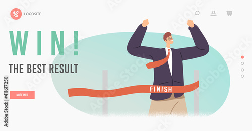 Win the Best Results Landing Page Template. Cheerful Business Man Crossing Finish Line of Hurdle Jump Racing Track