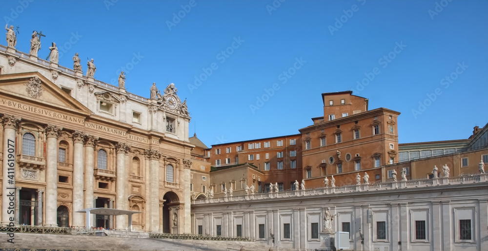 Famous St. Peters square or Piazza San Pietro in Rome with Saint Peter basilica