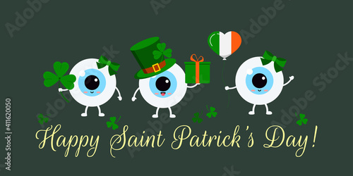 St Patrick cute eyes on greetin card. Ophthalmology eyeball irish character with lucky clover, in leprechaun hat with gift, with heart shape balloon. Flat cartoon vector Happy paddy's day illustration