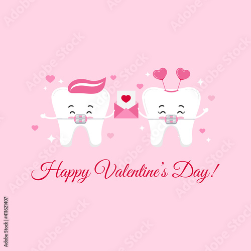 Tooth couple in love with braces. Happy Valentines Day teeth holds love letter with hearts and sparkles for dentist greeting card. Flat design cartoon funny dental character vector illustration. 