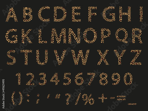 Set English alphabet with wild leopard skin on Capital Letter ABC, Number 9- 0 and Symbol,Vector English letters A to Z with animal print isolated on black background,Creative type for card or banner