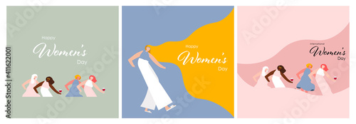 International women's day. Diverse female portraits, different nationalities and culture,  isolated, the concept of the women's empowerment movement with wine glass