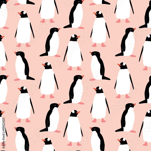 Seamless pattern with penguin. Cute cartoon character. Antarctica bird.