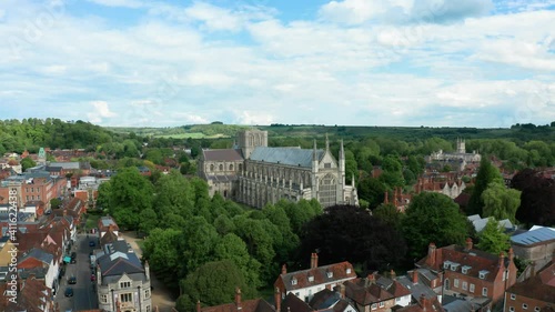 Flight over scenic Winchester Cathedral in England photo