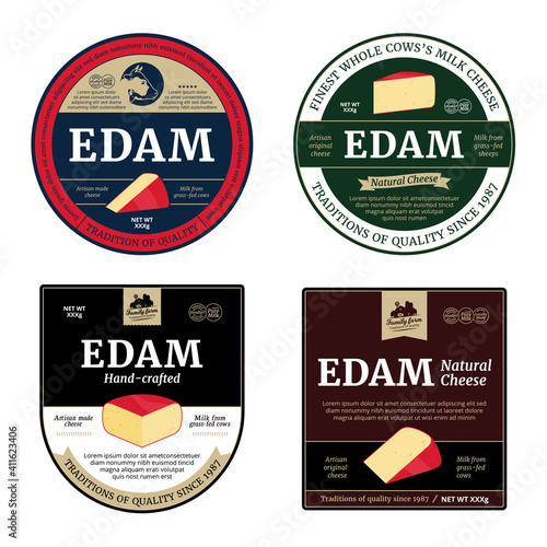 Vector edam cheese labels and packaging design elements. Edam cheese detailed icons