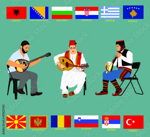 Folklore Music trio Greek, Turkish and Serbian musician guslar on  gusle instrument. Bouzouki player and oriental Balgama zurna. Bosnia folk artists. Arab man play oud, lute mandolin. Balkan flags set