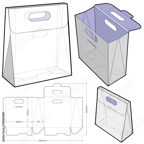 Shopping Bag (Internal measurement 22 x 10 + 25cm) and Die-cut Pattern. The .eps file is full scale and fully functional. Prepared for real cardboard production.
