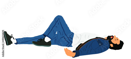 Homeless man sleeping on street in park vector. Migrant resting on ground. Social crises. Refugee boy sleep. Unconscious collapsed man laying down. Tired boy rest outdoor in park.