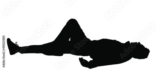 Homeless man sleeping on street in park vector silhouette isolated. Migrant resting on ground. Social crises. Refugee boy sleep. Unconscious collapsed man laying down. Tired boy rest outdoor in park.