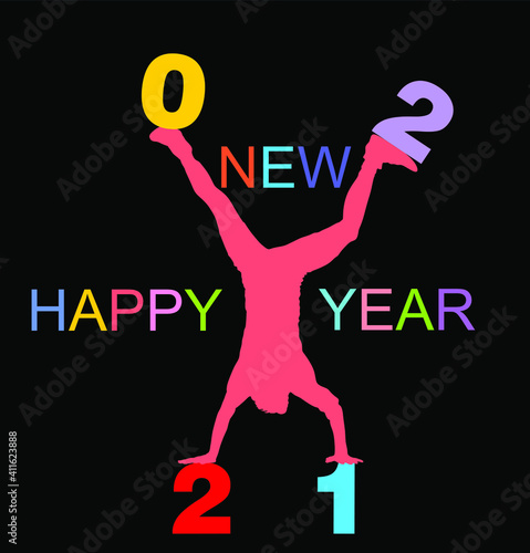Acrobat man wish Happy New Year 2021 doing cartwheel exercise. Handstand position vector silhouette illustration isolated. Standing on hand pose. Hand stand athlete performer. Stunt exercising. 