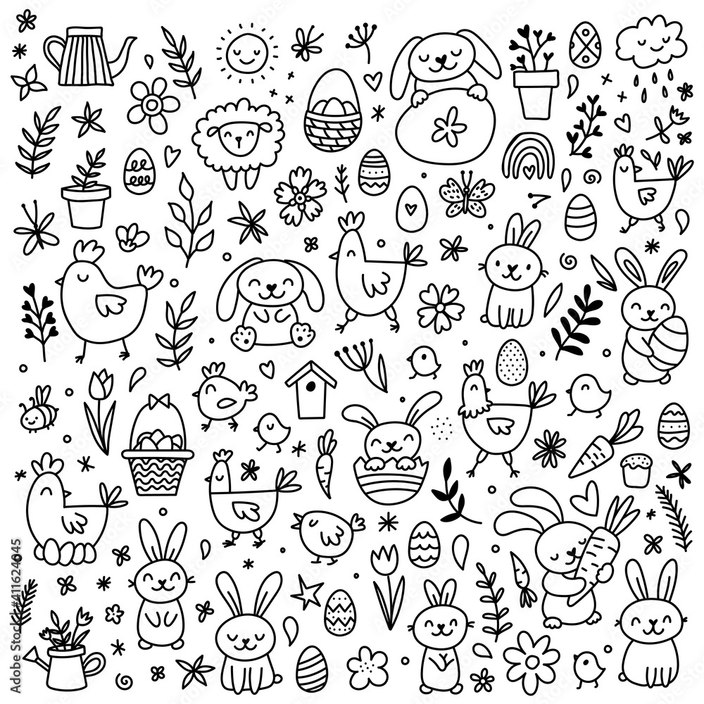 Vector Easter set with cute bunnies, chickens, flowers and eggs. Design elements and signs in cartoon style.