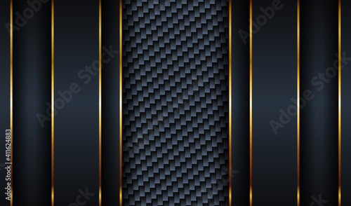 Modern luxury navy blue with line golden tech background. Elegant abstract style carbon and gold overlap layer on dark shadow black space paper material. 3d VIP premium vector