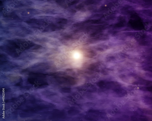 Cosmic background with Sun and nebula. Space flight to the Star. 3d illustration