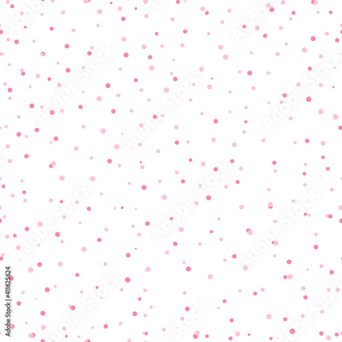 Abstract hand drown polka dots background. White seamless pattern with pink circles. Template design for invitation, poster, card, flyer, banner, textile, fabric.