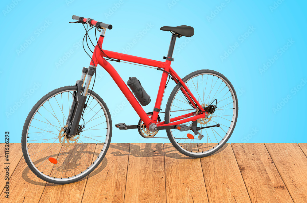 Bicycle on the wooden planks, 3D rendering