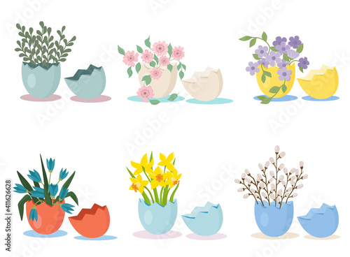Flat style illustration. Set of Easter eggs with different flowers and pussy willow sprigs. You can use it for greeting cards  or for another Easter decorations.