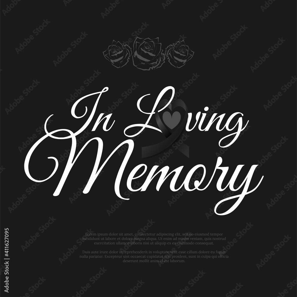 Funeral card with rose flower and text with black heart ribbon. Funeral  mourning border and font in loving memory on black background. Vector  illustration Stock Vector | Adobe Stock