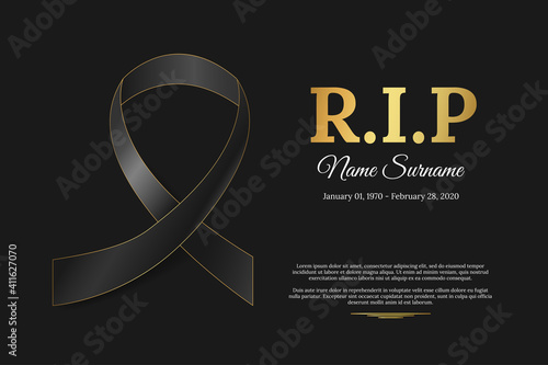 Funeral card with black funeral ribbon, name, birth and death dates. Obituary memorial, gravestone card concept design. Golden text RIP on black background. Vector illustration