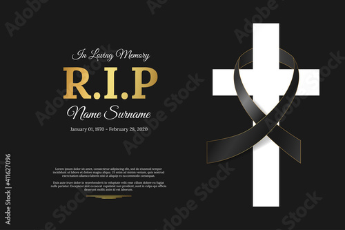 Funeral card with black ribbon on white cross, name, birth and death dates. Obituary memorial, gravestone funeral card design. Golden text RIP on black background. Vector illustration photo