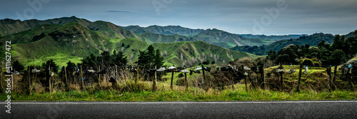 Old shoes on a fence beside a road in the green mountains of new zealands north island. photo